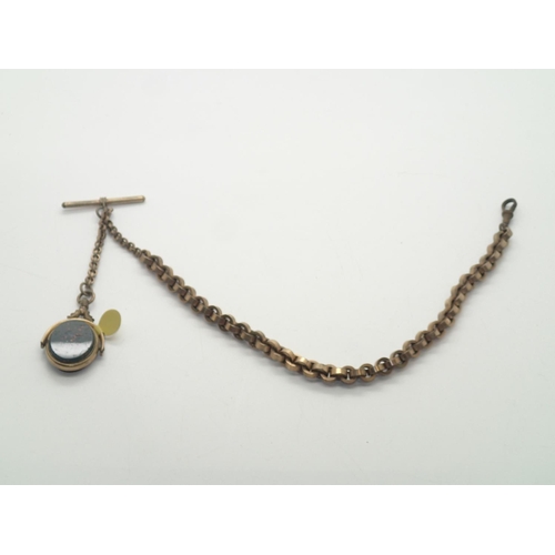 77 - Heavy yellow metal watch chain, T-bar and spinning fob with blood stone and carnelian panels, chain ... 