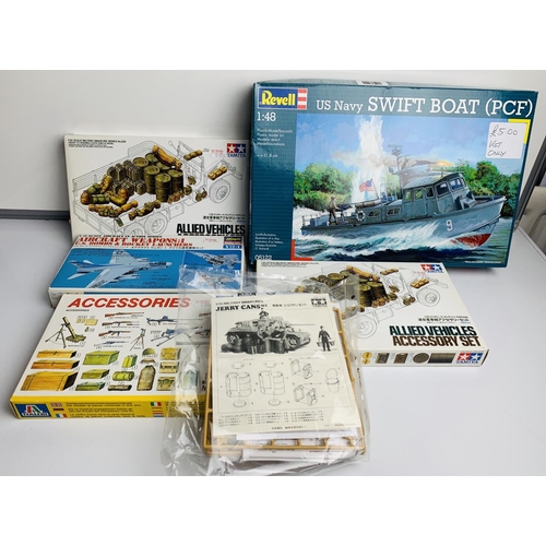 868 - 6x Assorted Model Kits including Tamiya Accessory Set - Contents Appear Complete - But Remain Unchec... 