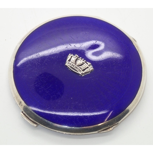 87 - Sterling silver and enamel vintage 1933 compact with Royal Navy motif to front, including interior m... 
