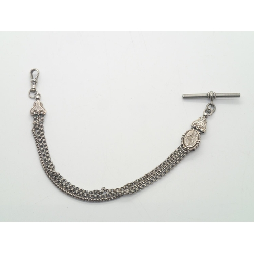 99 - White metal three strand watch chain with T-bar and crocodile clip
P&P group 1 (£16 for the first it... 