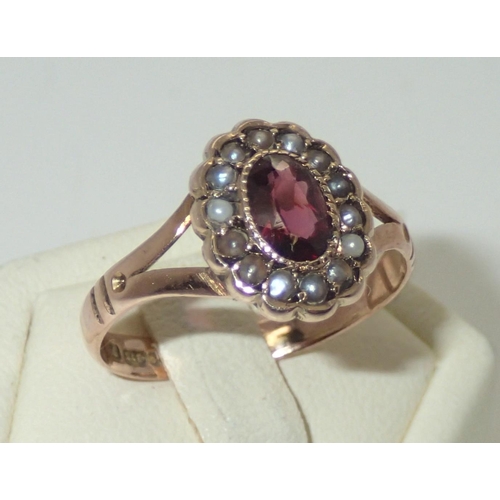 58 - Antique Chester hallmarked 9ct rose gold amethyst and pearl cluster ring with split shoulders size P... 
