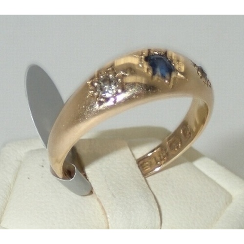 156A - 18ct gold antique gypsy style three stone sapphire and diamond ring Size N 4.1g light surface scratc... 