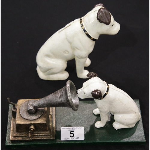 2 - Cast iron Nipper moneybox & Nipper with gramophone moneybox H: 14 cm. P&P Group 2 (£18+VAT for the f... 