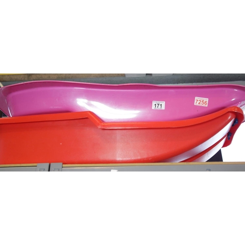 171 - Two plastic moulded childrens sledges. This lot is not available for in-house P&P, please contact th... 