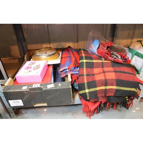 173 - Shelf of mixed items including woollen blankets and household equipment.This lot is not available fo... 