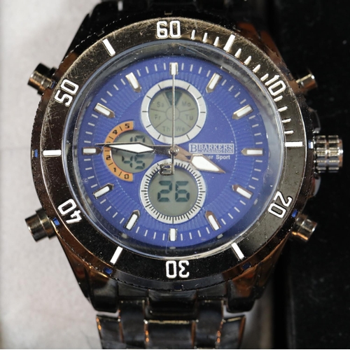 90 - Old new stock black metal blue face multi dial Michael Philippe wristwatch on metal strap.
P&P Group... 