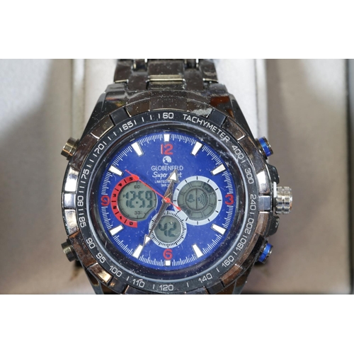 98 - Old new stock boxed black metal blue face multi dial Globenfeld wristwatch on matching strap. P&P Gr... 