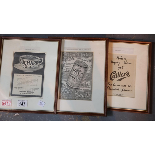 147 - Three framed and glazed original advertising prints taken from period magazines. P&P Group 1 (£14+VA... 