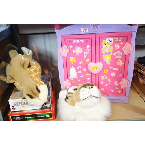 172 - Doll wardrobe with contents, collection of board games and two plush animal heads.This lot is not av... 