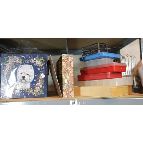 45 - Shelf of wooden and other storage boxes. P&P Group 2 (£18+VAT for the first lot and £2+VAT for subse... 