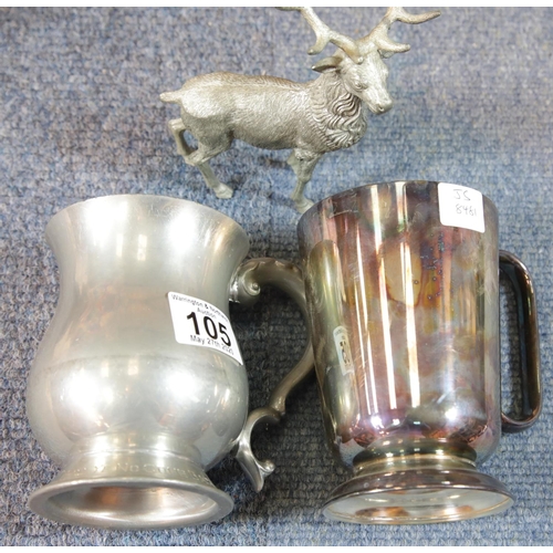 105 - Silver plated tankard, pewter tanker and a white metal stag. P&P Group 1 (£14+VAT for the first lot ... 