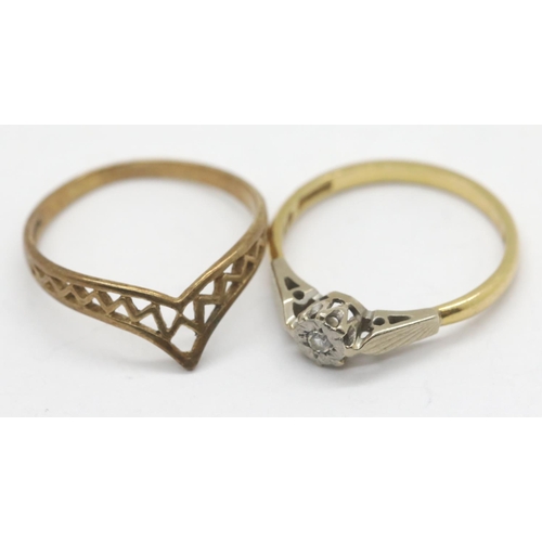 1062 - 18ct gold illusion set diamond ring, size K/L, 2.1g and a 9ct gold wishbone ring, size L, 1.0g. P&P ... 