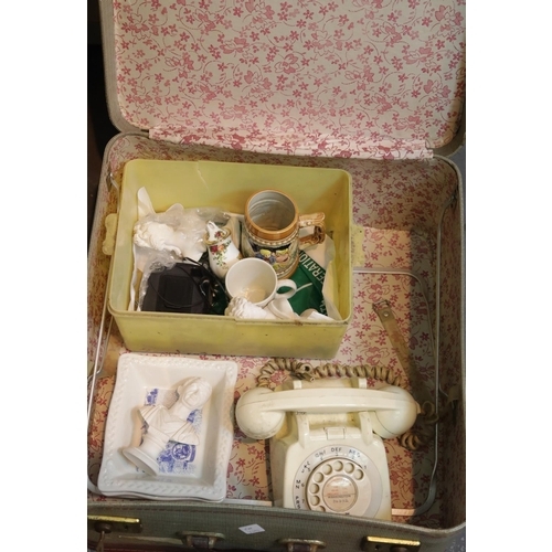 59 - Vintage suitcase containing BT Rotary telephone and early Walkman, a small quantity of ceramics incl... 