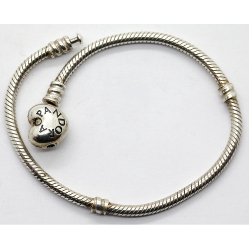 1187 - Silver genuine Pandora snake bracelet with heart clasp stamped A.L.E, L: 19 cm. P&P Group 1 (£14+VAT... 