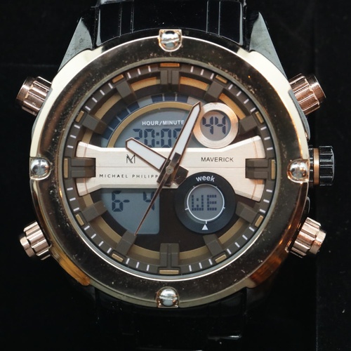 62 - New boxed analogue and digital Michael Philippe gents wristwatch on a ceramic bracelet. P&P Group 1 ... 