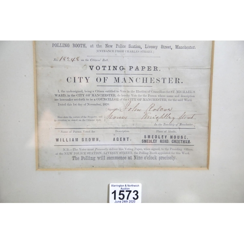 1573 - Framed voting paper for William Brown from 1870 for the City of Manchester, together with a Manchest... 