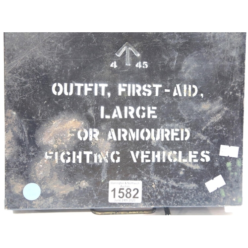 1582 - British WWII style first aid outfit tin, the hinged cover having broad arrow impressed and white ste... 