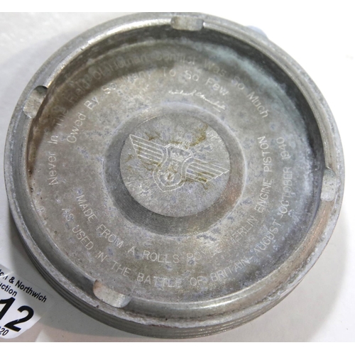 1612 - A Rolls Royce Merlin engine piston head engraved for Polish Squadron 318. D: 14 cm. P&P Group 1 (£14... 