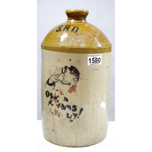 1580 - Ulster WWI style stoneware flagon stamped SRD, with worn transfer print 'Old Bill Stands By!', H: 32... 