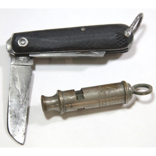 1583 - British WWII style ARP whistle and a folding knife with tin opener, the blade marked with broad arro... 