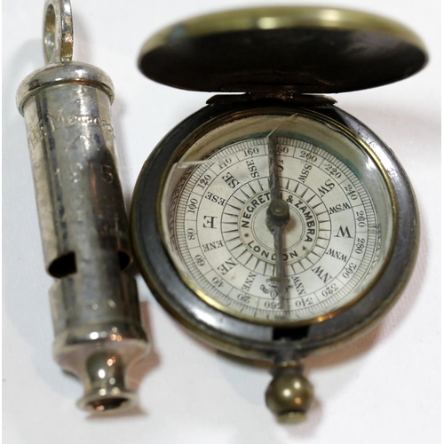 1586 - British WWI style Metropolitan whistle displaying broad arrow and dated 1915, together with a Negret... 