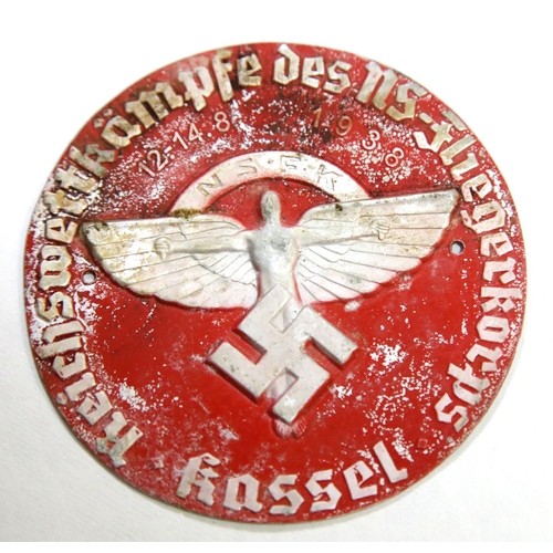 1603 - German WWII style NSFK circular pressed aluminium car badge, D: 80 mm. P&P Group 1 (£14+VAT for the ... 