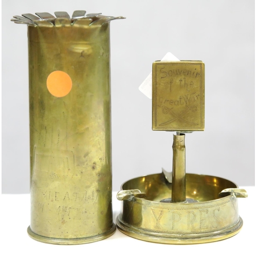 1594 - WWI style brass shell with inscription 'souvenir from France', and a trench-art matchbox holder with... 