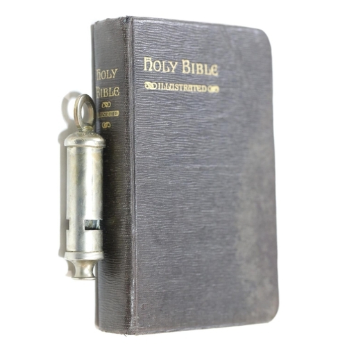 1588 - British WWI style trench whistle dated 1915, together with a Holy Bible dated 1914 by inscription. P... 