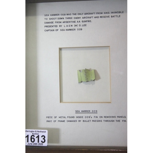 1613 - Falklands Islands War framed piece of metal found inside Sea Harrier 009's fin on removing panels, p... 