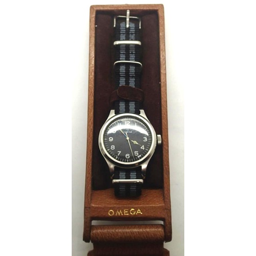 1576 - A gentleman's stainless steel British Military Omega RAF pilots wristwatch dated 1956, with black di... 