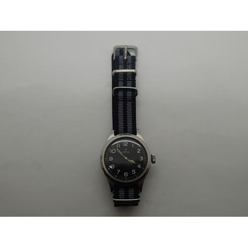 1576 - A gentleman's stainless steel British Military Omega RAF pilots wristwatch dated 1956, with black di... 