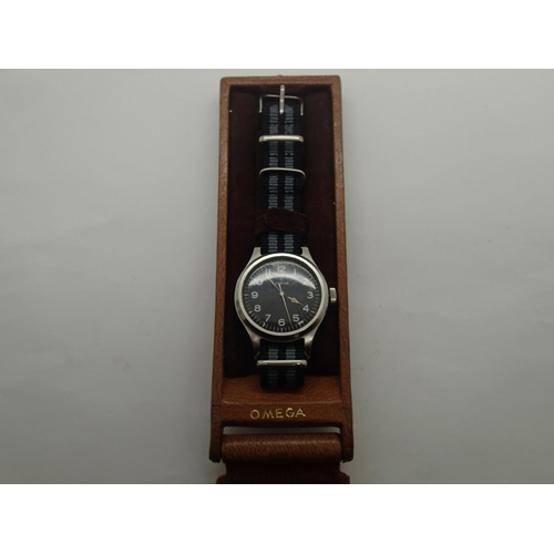 1576 - A gentleman's stainless steel British Military Omega RAF pilots wristwatch dated 1956, with black di... 