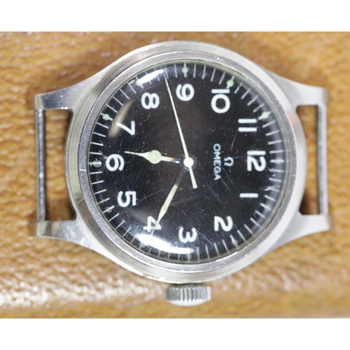 1576 - A gentleman's stainless steel British Military Omega RAF pilots wristwatch dated 1956, with black di... 