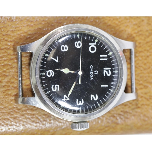 1576 - A gentleman's stainless steel British Military Omega RAF pilots wristwatch dated 1956, with black di... 