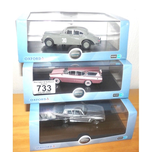 733 - Oxford 1:43 scale x 3 motor cars Vauxhall, Jaguar MKV11 Jensen Interceptor. P&P Group 2 (£18+VAT for... 