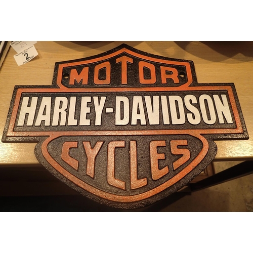 2 - Cast iron Harley Davidson wall sign, 33 x 26 cm. P&P Group 2 (£18+VAT for the first lot and £2+VAT f... 