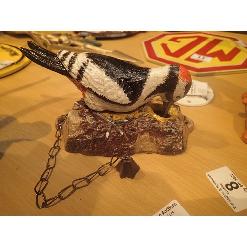 8 - Cast iron greater spotted woodpecker door knocker, H: 20 cm. P&P Group 2 (£18+VAT for the first lot ... 