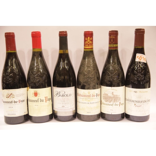 1406 - Five bottles Chateauneuf du Pape  vintages 2009, 2012, 2013, 2x 2014 75cl and a bottle Barolo 2006 7... 