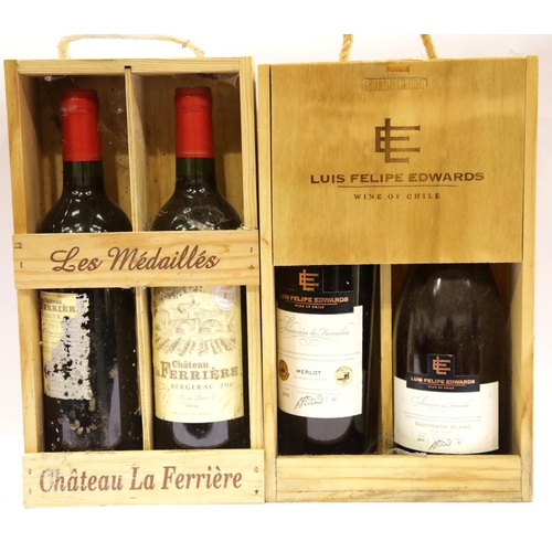 1411 - Two wood cased bottles Chateau la Ferriere Bergerac 2011, wood cased Luis Felipe Edwards Sauvignon v... 