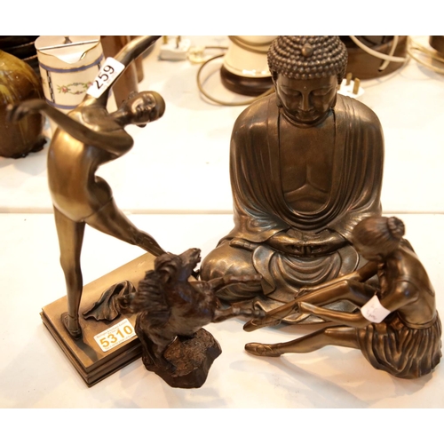 259 - Two cast resin ballerinas, a prancing horse and a Buddha. This lot is not available for in-house P&P... 