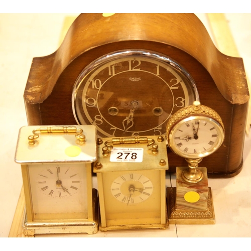 278 - Smiths Enfield walnut cased chiming mantel clock with pendulum and three further clocks. This lot is... 