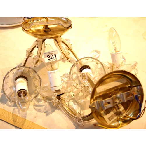 301 - Pair of lacquered brass and glass electric wall sconces, W: 17 cm. This lot is not available for in-... 