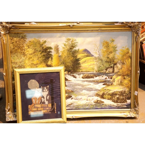 303 - Three large oil on canvas river scenes all in decorative gilt frames and another picture. This lot i... 