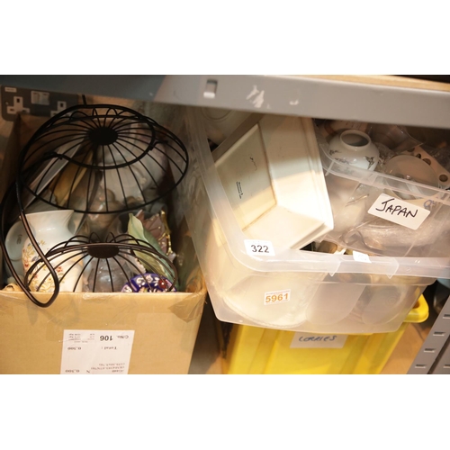 322 - Four boxes of mixed household items including glass ceramics etc. This lot is not available for in-h... 