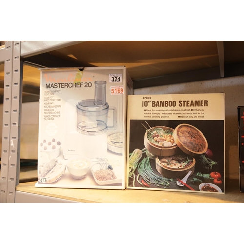 324 - Boxed Moulinex Masterchef 20 food processor and a boxed bamboo steamer. This lot is not available fo... 