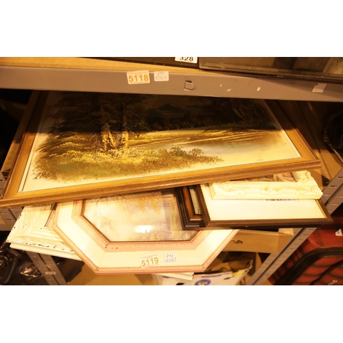 329 - Shelf of mixed prints and paintings. This lot is not available for in-house P&P.