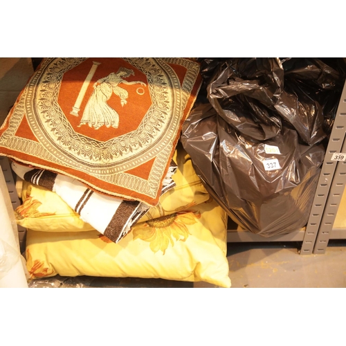 337 - Shelf of mixed cushions and materials. This lot is not available for in-house P&P.
