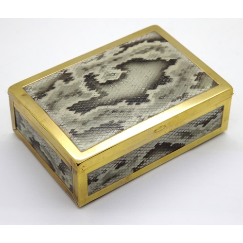 1315 - Brass and snakeskin style lidded box with contents including Victorian silver 3d piece, 3d pieces et... 