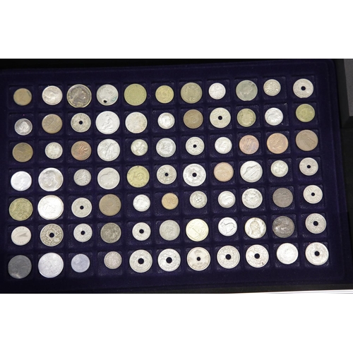 1328 - Aluminium coin case with worldwide coin contents including some silver. P&P Group 2 (£18+VAT for the... 