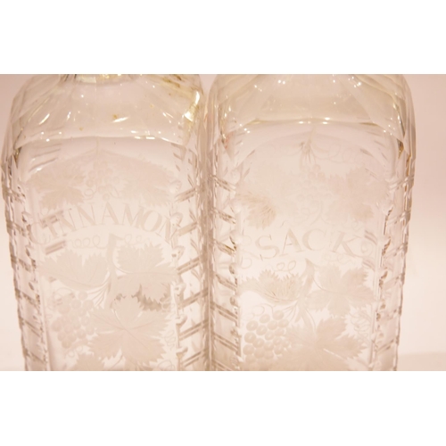 1384 - Two etched glass Victorian decanters, cinnamon and sack, H: 30 cm. P&P Group 3 (£25+VAT for the firs... 